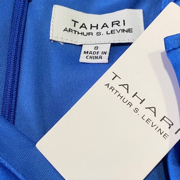 Tahari ASL NWT Blue Satin Midi Dress, Flutter Sleeves Belted Women's Size 8 - Picture 10 of 13